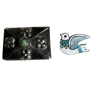 Margot De Taxco Sterling Silver Enamel‎ Bird Brooch & Turquoise Pill Box Set